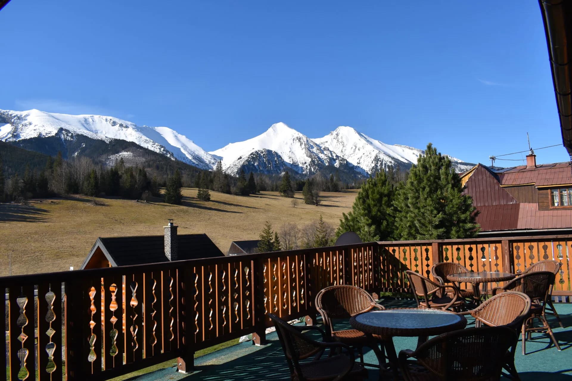 The terrace at Drevenica Diana overlooking the Belianske Tatras
